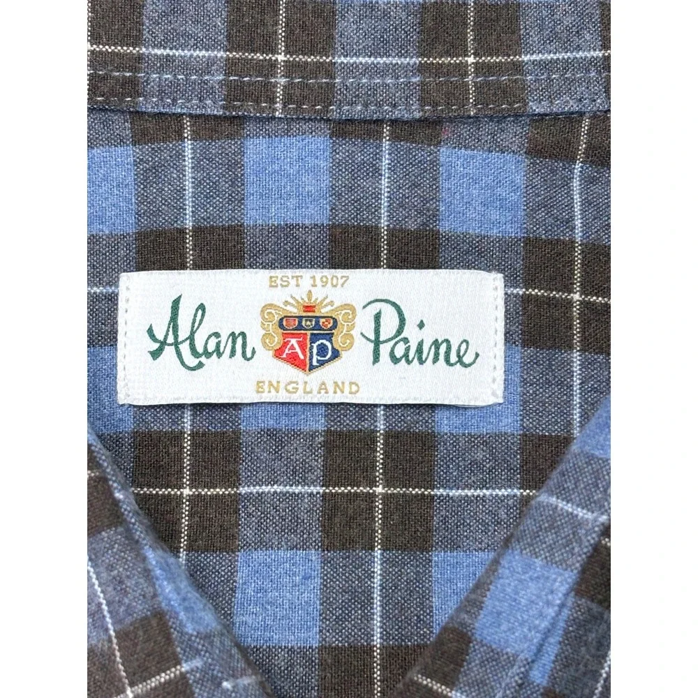 Alan Paine Mens XXL Blue Brown Plaid Long‎ Sleeve 100% Cotton Button Down Shirt